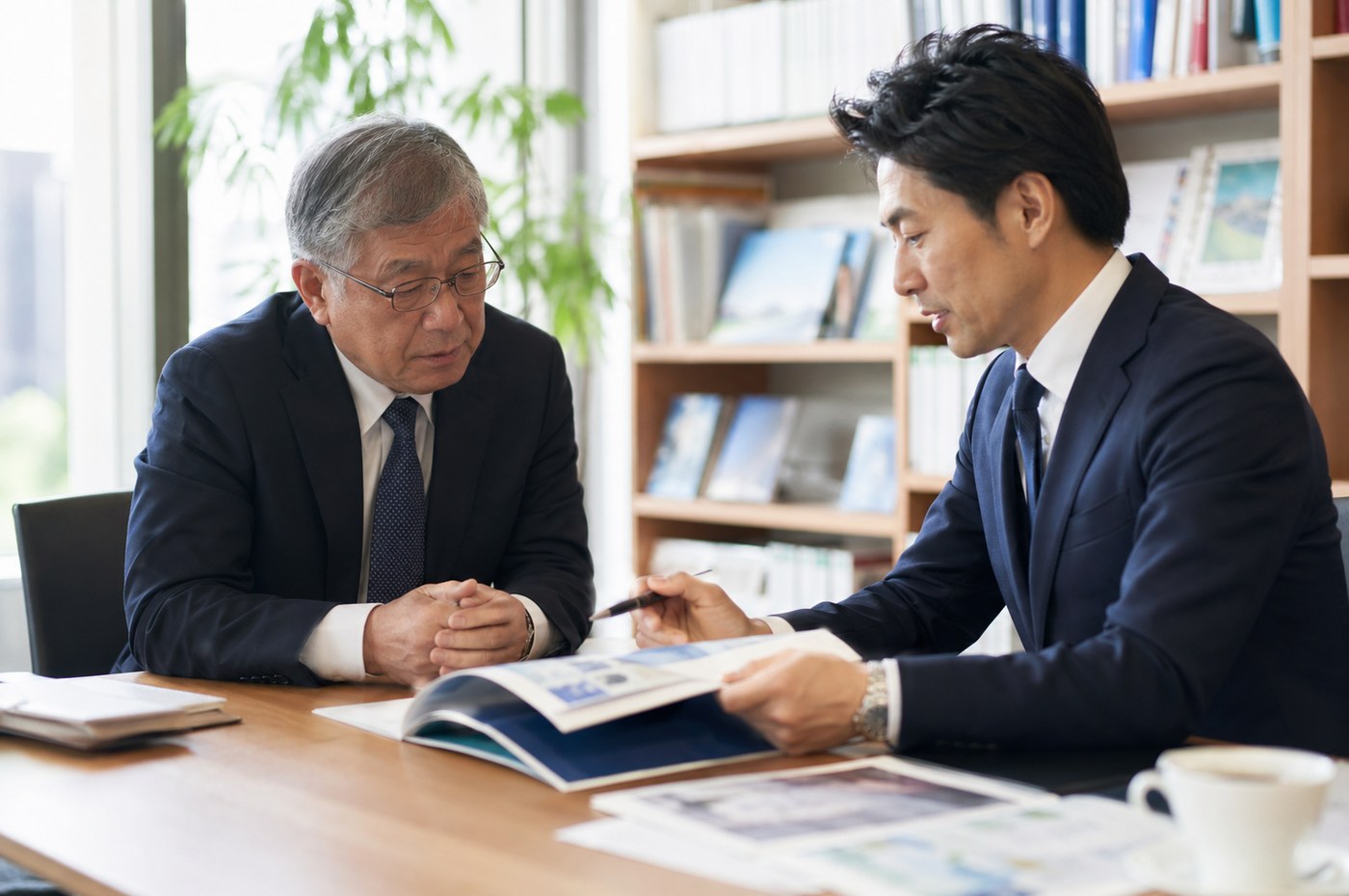 教育事業の承継について相談する経営者とアドバイザー