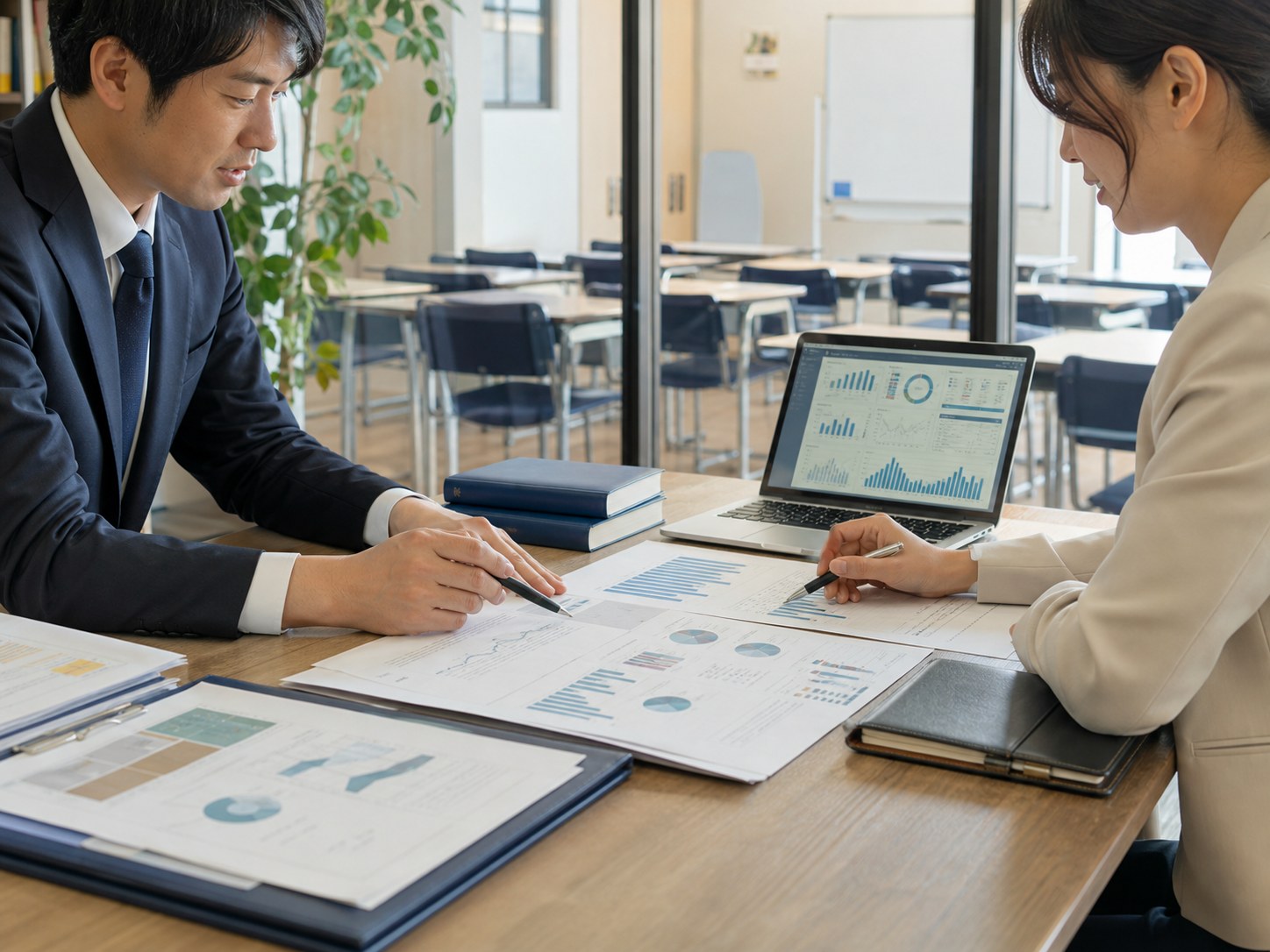 教育事業の収益構造と運営資料を確認するコンサルティング風景