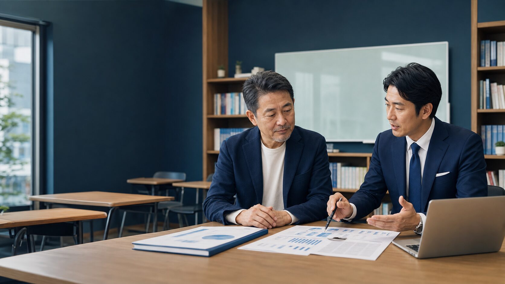 学習塾の教室で教育事業の承継について相談する経営者とM&Aアドバイザー