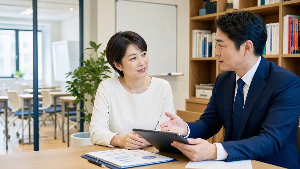教育事業のM&Aについて相談する経営者とアドバイザー