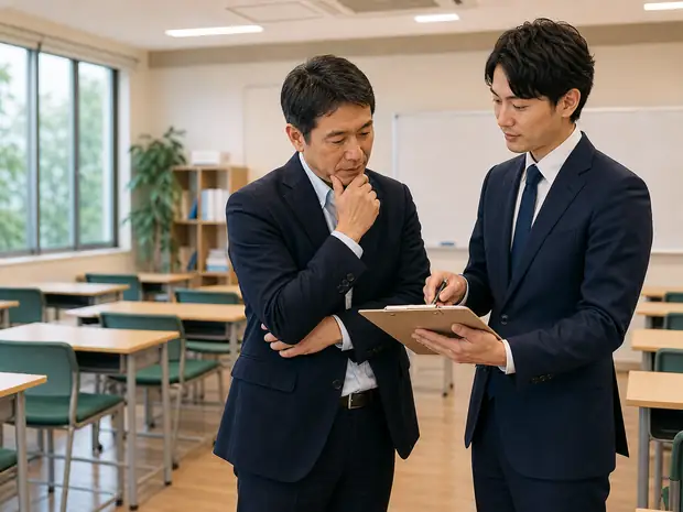 教室で学ぶ生徒と教育事業承継のイメージ