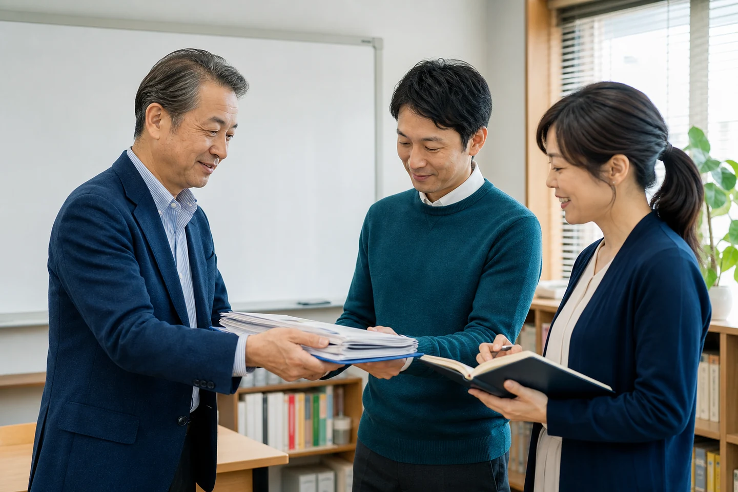 教室運営の資料や教材を確認しながら段階的な引継ぎを行うイメージ