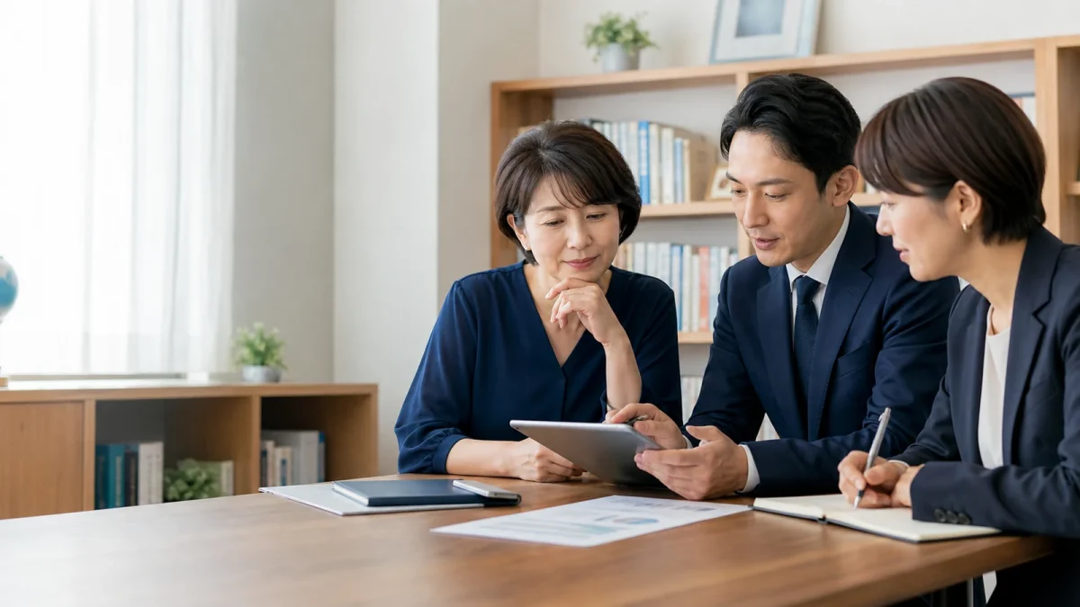 教育事業の承継計画を確認する経営者とアドバイザーのAI生成イメージ