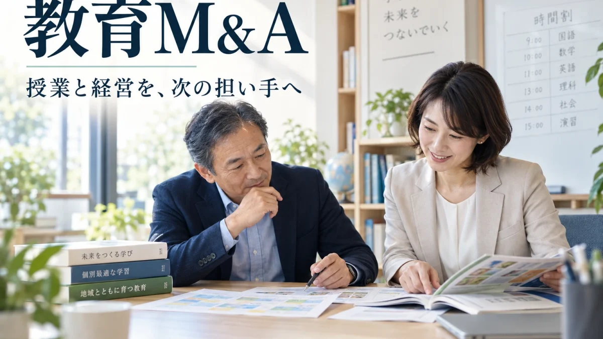 教育M&Aで授業と経営の承継を検討する経営者と教育担当者のイメージ